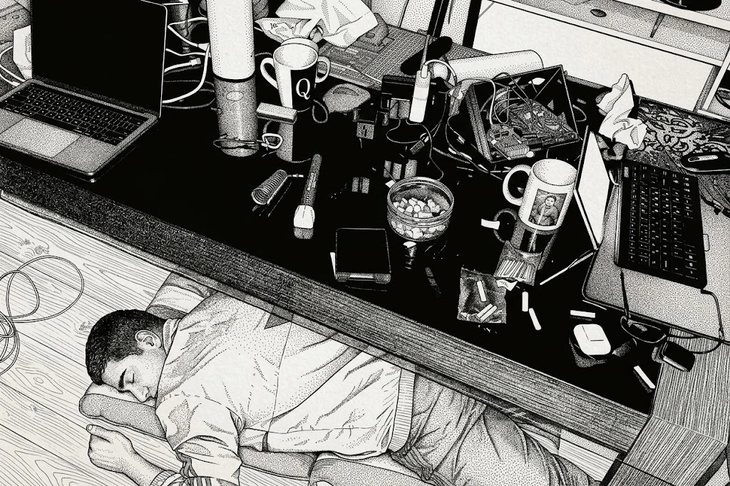 stipple engraving of mehmet utku öztürk asleep on the floor beneath a cluttered desk of laptops, mugs, cables, and circuit boards