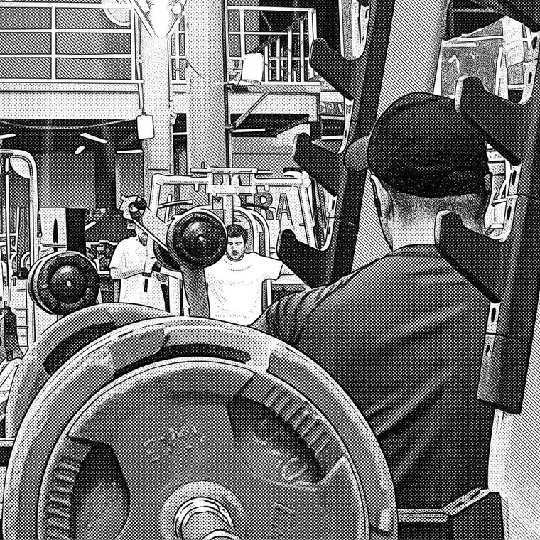 halftone illustration of a gym seen past a loaded barbell plate, mehmet utku öztürk in a white t-shirt in the mirror